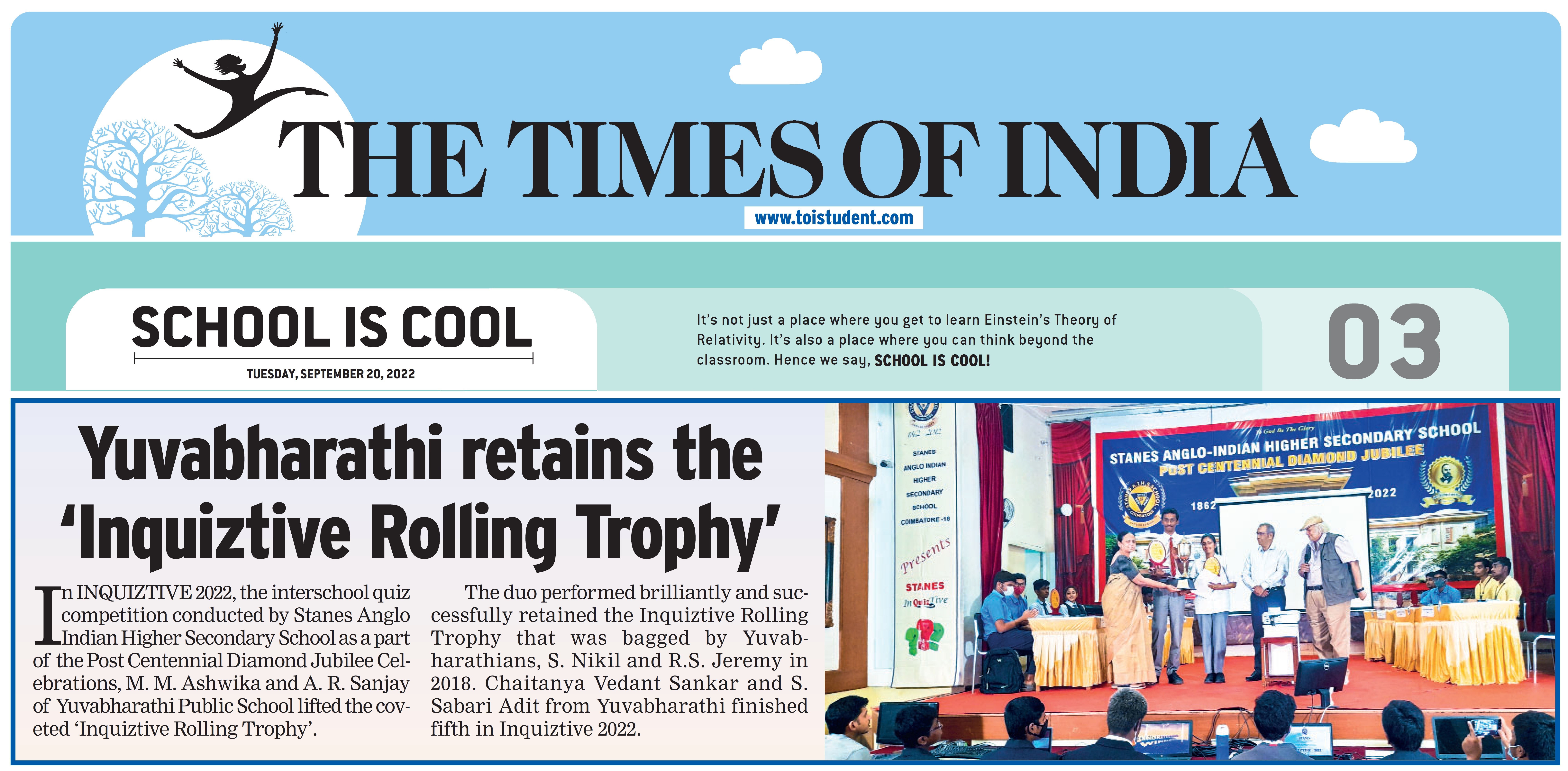 The Times of India Inquiztive Rolling Trophy Article | Top CBSE School - Yuvabharathi Public School.